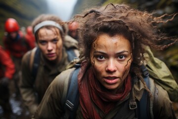 Intense Expedition: A determined woman leads a team through a rugged, challenging terrain, showcasing resilience and adventure. 