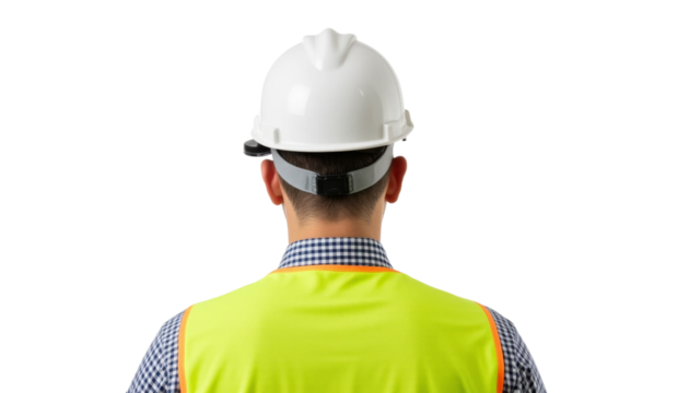 Safety Worker in Hard Hat and Reflective Vest at Construction Site