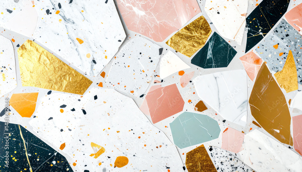 Poster colorful geometric patterns create a vibrant mosaic with gold accents, blending various textures and