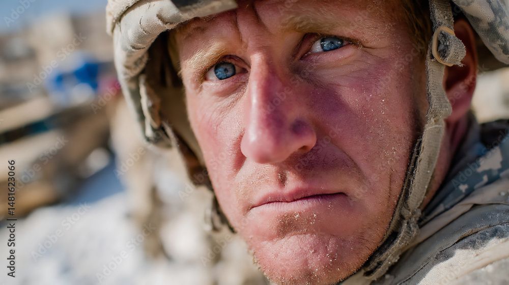 Poster close-up of a soldier's face wearing a helmet with integrated digital display and communication syst