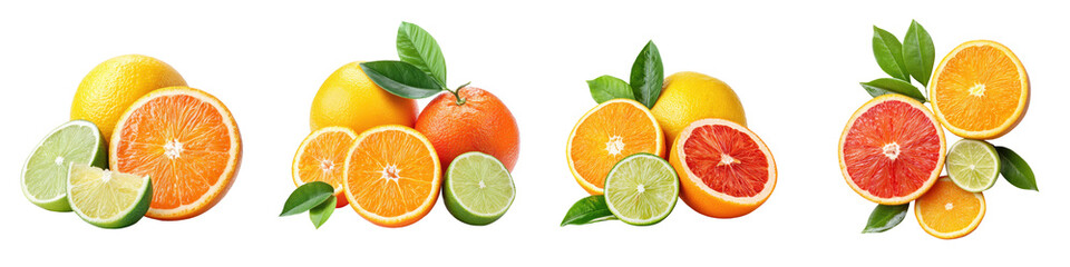 Vibrant citrus fruits featuring oranges, lemons, limes, and grapefruits with fresh green leaves, ideal for culinary, health, or beverage-related projects