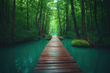 Naklejka premium Wooden walkway through lush green forest