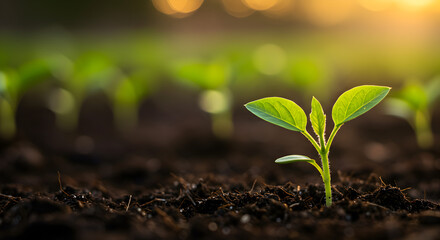 Fototapeta premium Young Green Seedlings Emerging from Rich Soil at Sunrise