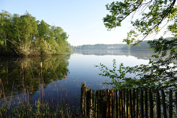 A serene lake reflects the sky, bordered by lush green trees and a rustic wooden fence in a...