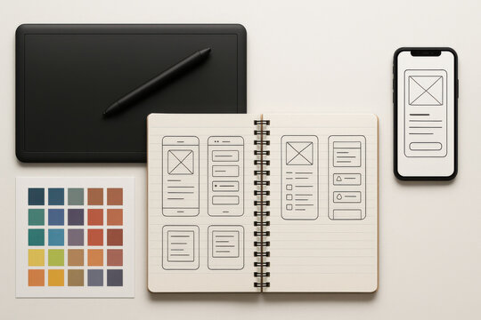 Mobile app wireframe sketches with digital tablet, color palette, and smartphone on white desk for creative design work