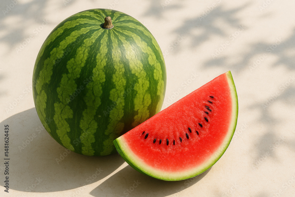 Poster watermelon with fresh red slice showing black seeds and green rind on light surface with soft shadow