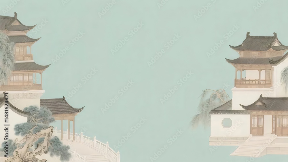 Aufkleber 水彩画の背景を持つ伝統的な中国建築様式の建物と山の風景