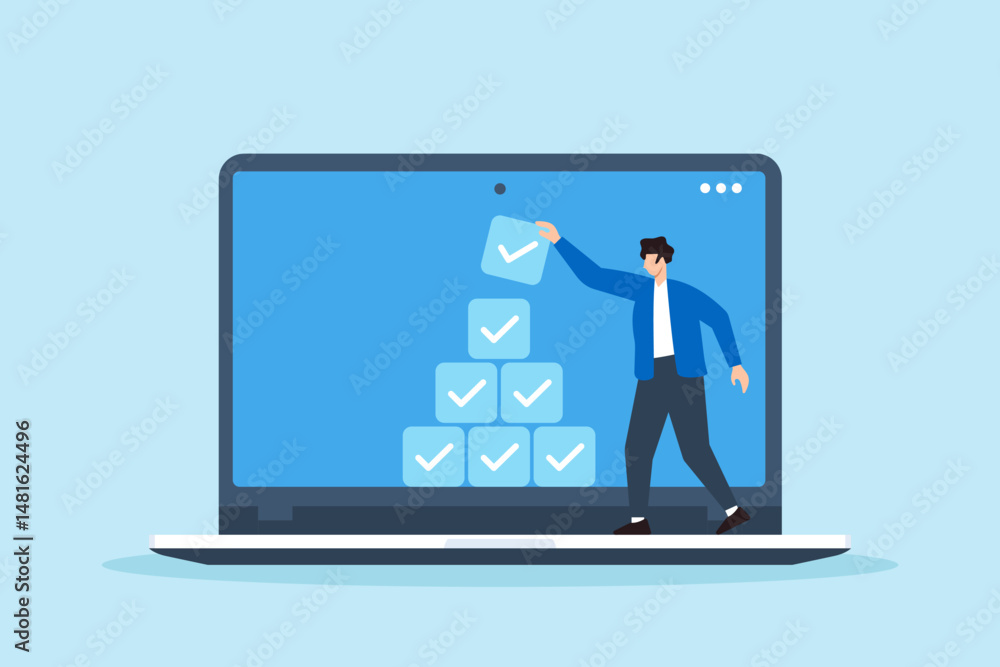 Poster flat illustration of freelancer stacking completed tasks like building blocks in virtual workspace t