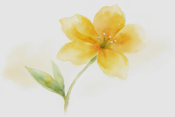Fototapeta premium Delicate watercolor painting of a bright yellow flower with green leaves and a simple aesthetic