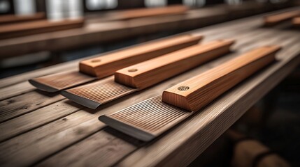Wood carving tools arranged on a wooden workbench