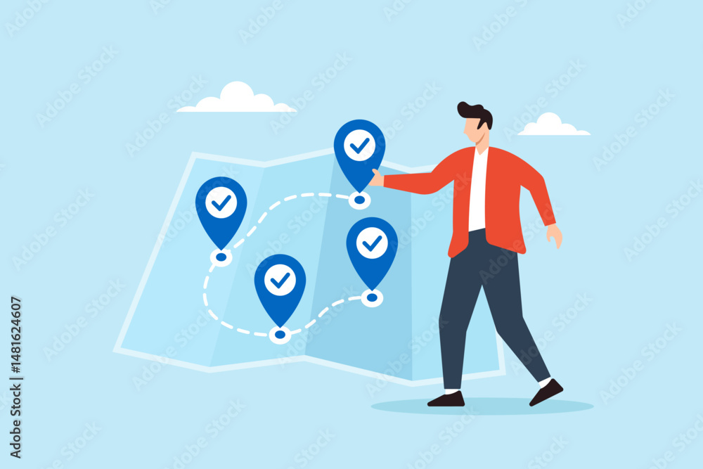Poster flat illustration of freelancer navigating task map with checklist icons as destination markers to r