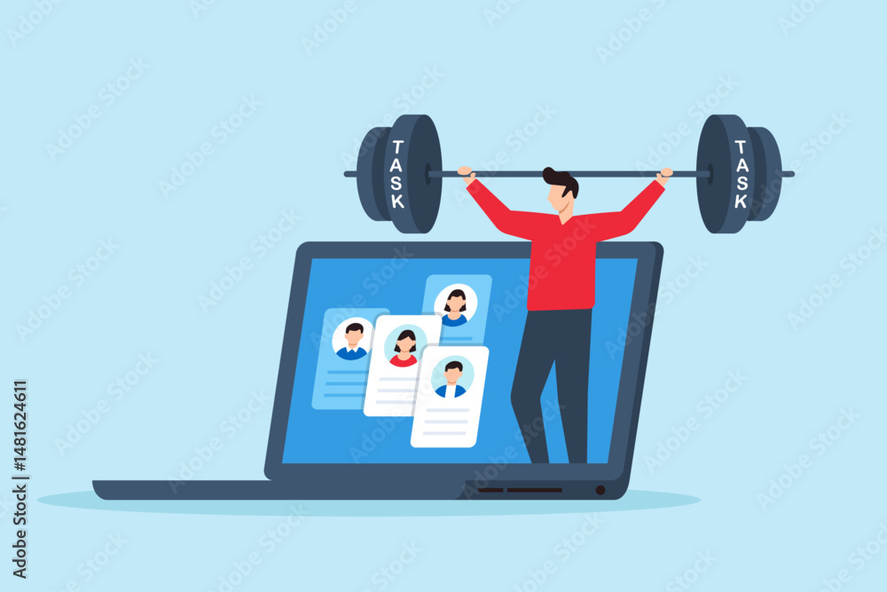 Poster flat illustration of remote worker lifting heavy weights labeled business tasks inside virtual works