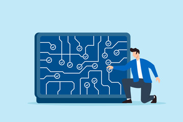Flat illustration of remote worker connecting checklist circuits on digital motherboard to represent task alignment and project tracking system