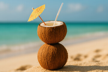 Tropical coconut drink with straw and umbrella on sandy beach by turquoise sea under clear sky, evoking relaxing summer vibe