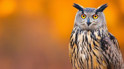 Obraz premium Eurasian Eagle Owl in Focus: A portrait of a Eurasian Eagle Owl perched against a vibrant orange backdrop, showcasing its captivating stare, distinctive plumage, and impressive presence.