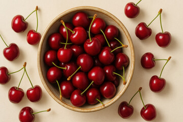 Fresh red cherry fruit with green stems in wooden bowl and scattered on beige surface, creating vibrant and appetizing display