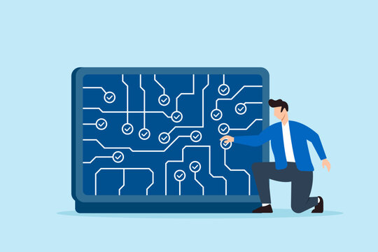 Flat illustration of remote worker connecting checklist circuits on digital motherboard to represent task alignment and project tracking system