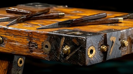 Wood workbench with tools.  Handcrafted wooden table