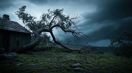 Stormy landscape scene with twisted tree and old house rural setting nature image dramatic atmosphere