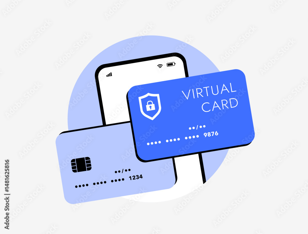 Poster virtual debit card for digital payments, online debit and virtual payment methods in modern style ve