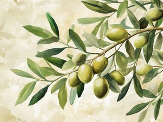 Obraz premium Olive branch illustration with green olives and leaves on a beige background close up artistic style food ingredient plant