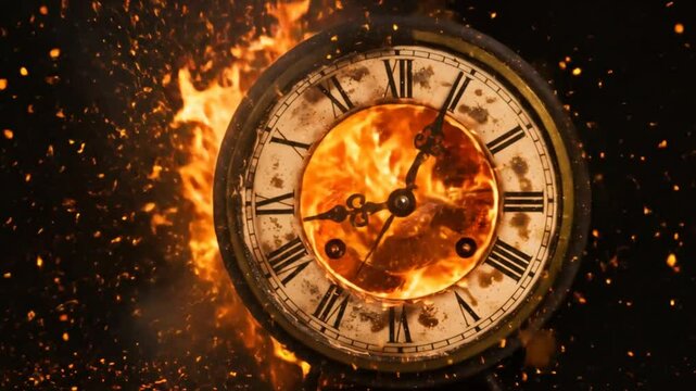 Clock on Fire with Sparks and Smoke Time Running Out Concept