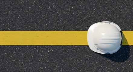 Construction safety white hard hat on yellow line, road safety, worker protection.