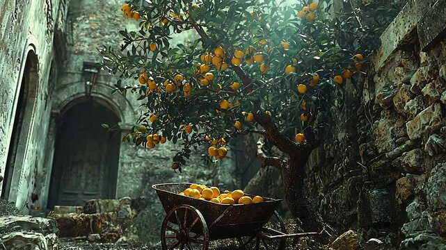 Orchard tree with ripe oranges in cart