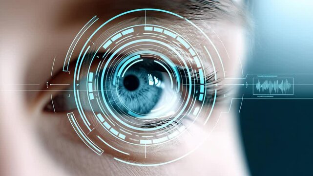 Close up blue eye digital interface with futuristic biometric scan technology, security, innovation, and cyber identification concept, showing advanced digital interface and modern emotional - Powered by Adobe