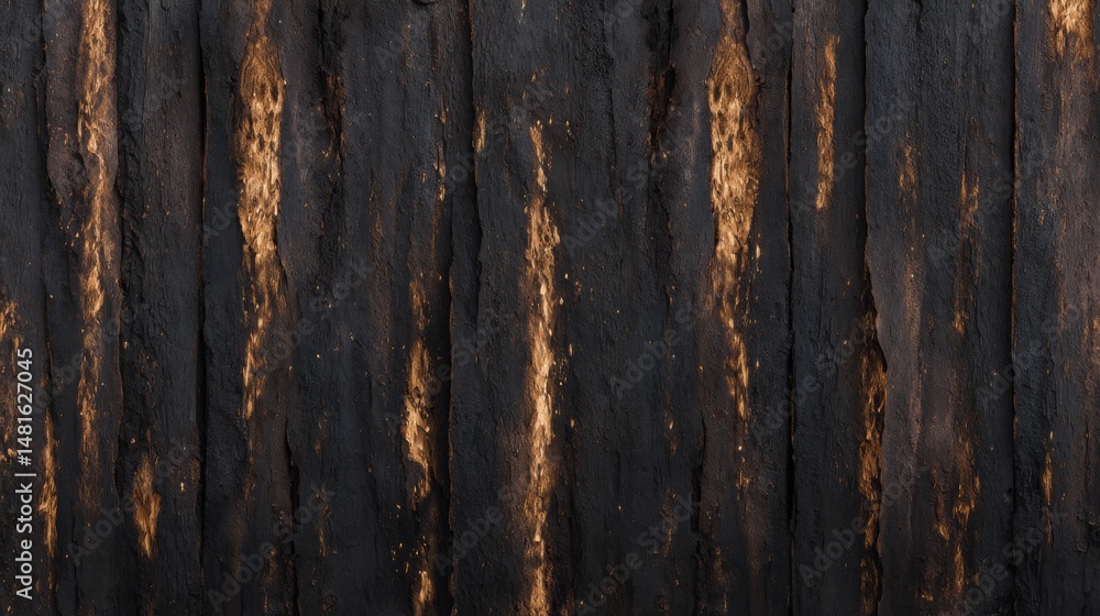 Poster richly textured dark wood panels with intense graining and scorched patterns provide a moody backgro