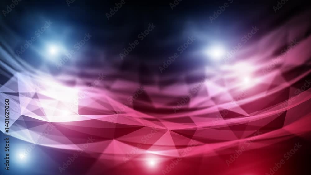 Poster abstract curved digital triangle wavy pattern with red blue glowing spot lights motion background.