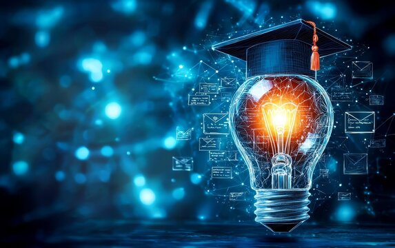 The concept of elearning is symbolized by certificates and digital tools.