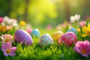 Colorful Easter eggs hidden in a spring garden, amongst blooming flowers and green grass , grass, holiday, bunny
