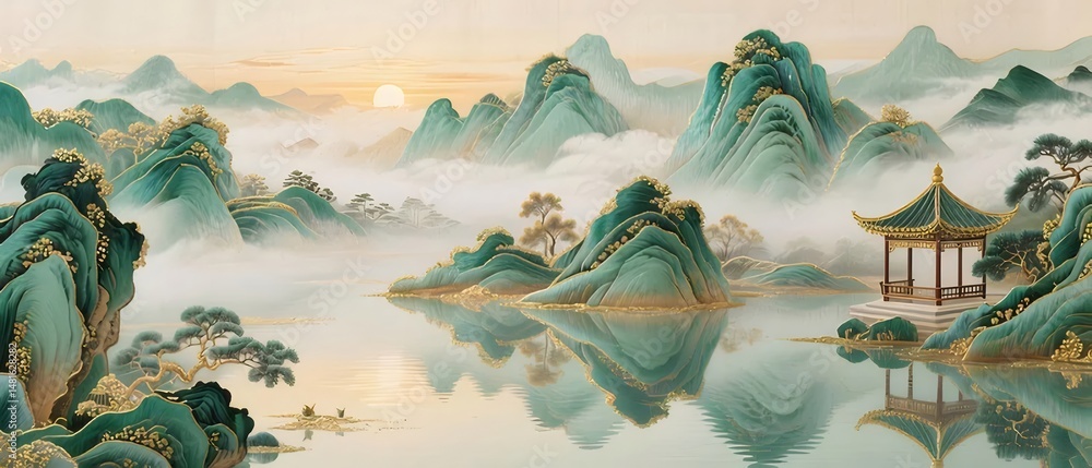 Poster 緑の山々と穏やかな湖畔の東洋的な風景 夕日の光が水面に反射する静かな光景 黄金色の装飾が施された伝統的な建造物