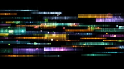 Fototapeta premium Glitched pixel digital screen texture in bright neon colors on black background, tech-inspired futuristic aesthetic