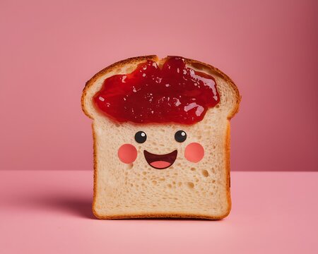 Animated slice of bread with jam smiling on a pink background represents breakfast - Powered by Adobe