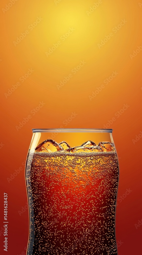 Poster refreshing cola beverage with ice cubes close up studio shot on orange background delicious and fizz