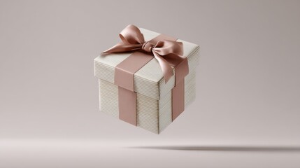 Stylized decorative gift box featuring a soft pastel ribbon floats effortlessly against a neutral backdrop, ideal for birthdays or special events and celebrations