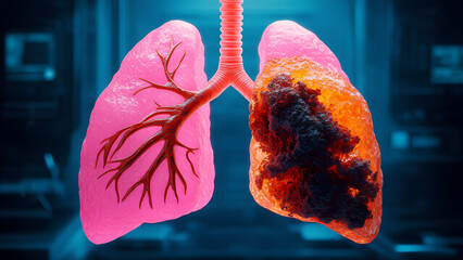 Comparative view showcasing a healthy lung alongside a lung affected by damage or disease process. Concept for No Tobacco day