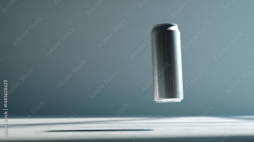 Poster blank silver can floats mid-air illuminated by sharp side lighting, casting a soft shadow on a muted
