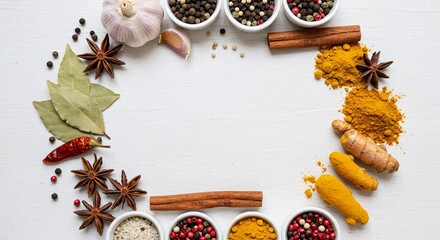 Colorful arrangement of spices and herbs on a white wooden background