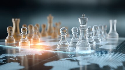 High-detail photo of a glass chessboard mid-game, placed over a glowing holographic world map