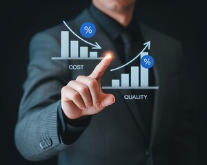 Businessman's hand touching hologram representing cost reduction and quality improvement