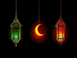Three illuminated hanging lanterns with a crescent moon.