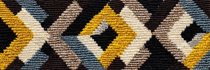 Close-up of African Kente cloth pattern with geometric shapes and earthy tones, painted with wax crayons on fabric for rich cultural texture.