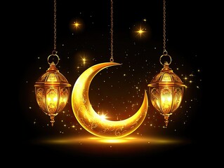 Golden crescent moon and lanterns, illuminating a dark night.