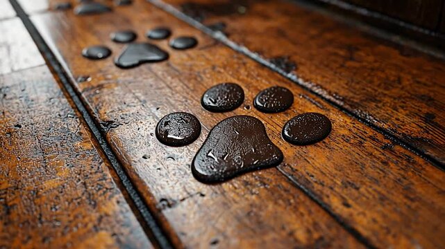 Paw prints on wet wooden floor