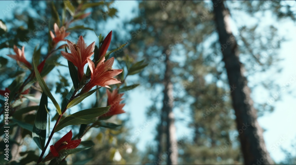 Aufkleber red forest flowers with long petals bloom in a low-angle view while twilight casts a gentle glow, cr
