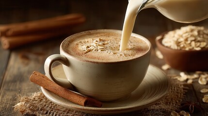 Oat milk vegan pouring drink Warm cup of coffee with cinnamon on a rustic wooden table.