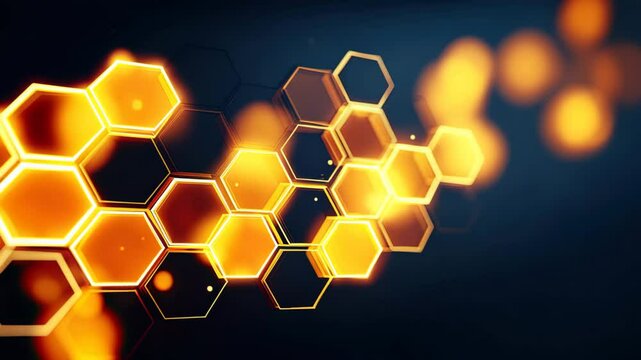 Glowing hexagon abstract geometric orange yellow futuristic digital technology pattern background creates dynamic and modern visual with sense of energy and innovation, featuring illuminated - Powered by Adobe